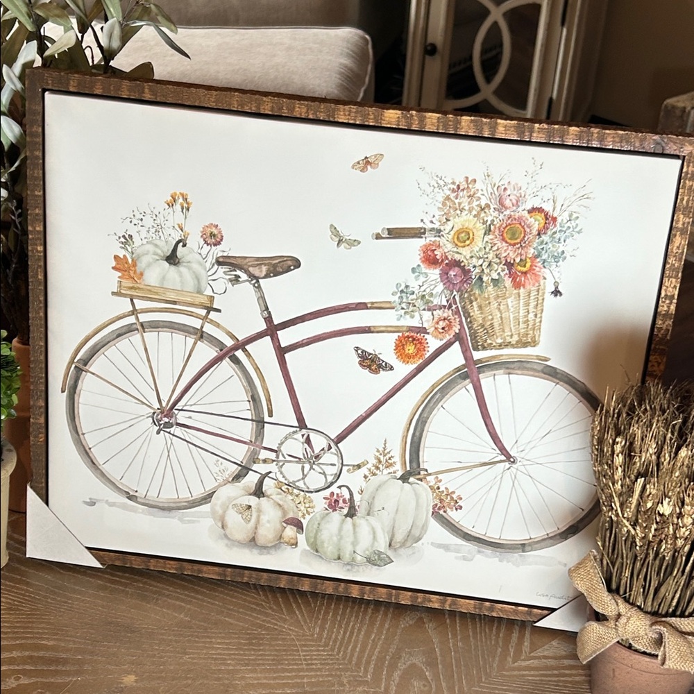 NEW! Shabby Chic Vintage Bicycle Autumn Fall Pumpkin Floral Wood Frame Wall Art